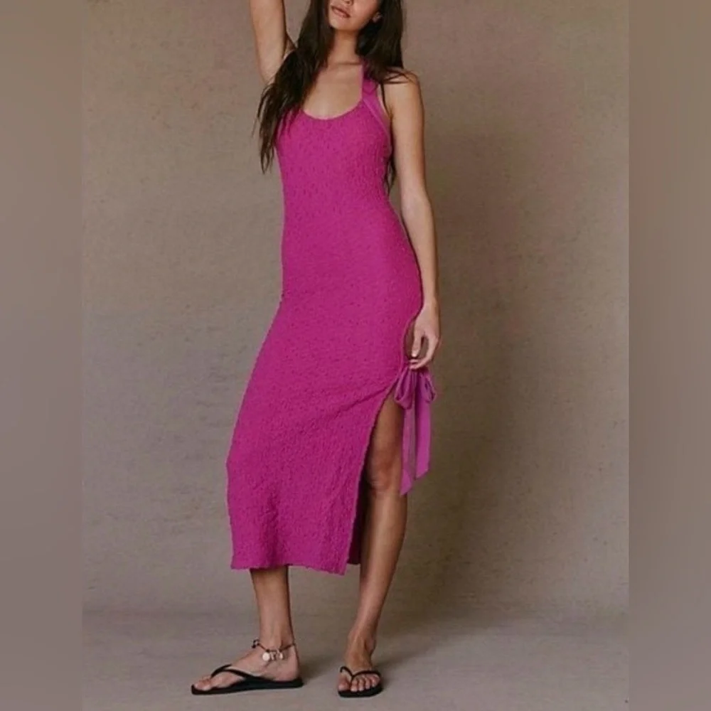 NWOT Free People Sea Foam textured midi dress bodycon tie neck and side slit
